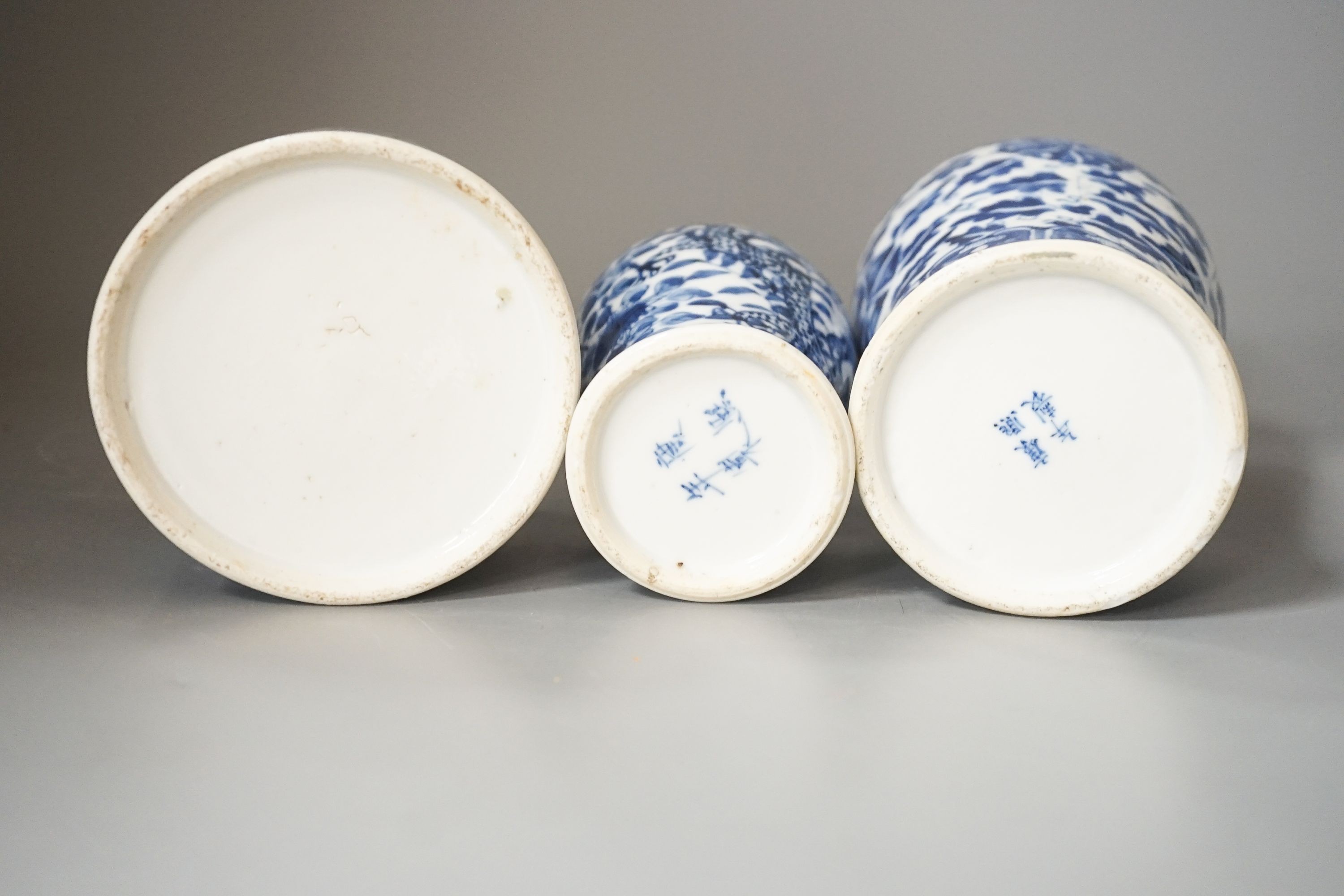 Two 19th century Chinese blue and white vases and a similar box and cover, 19cm
